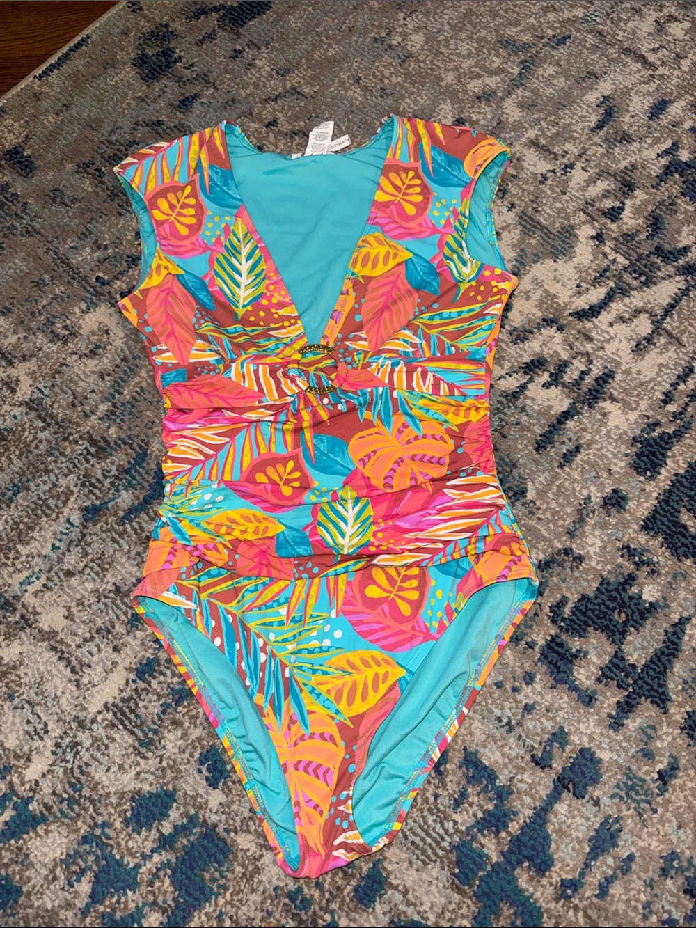 Bleu Rod Beattie Tropical Leaf One-Piece Swimsuit in Teal, Pink & Orange